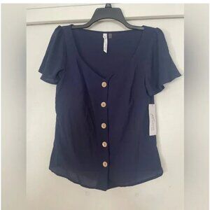 NWT women’s medium petite, navy blue ruffle sleeve button-down V-neck blouse